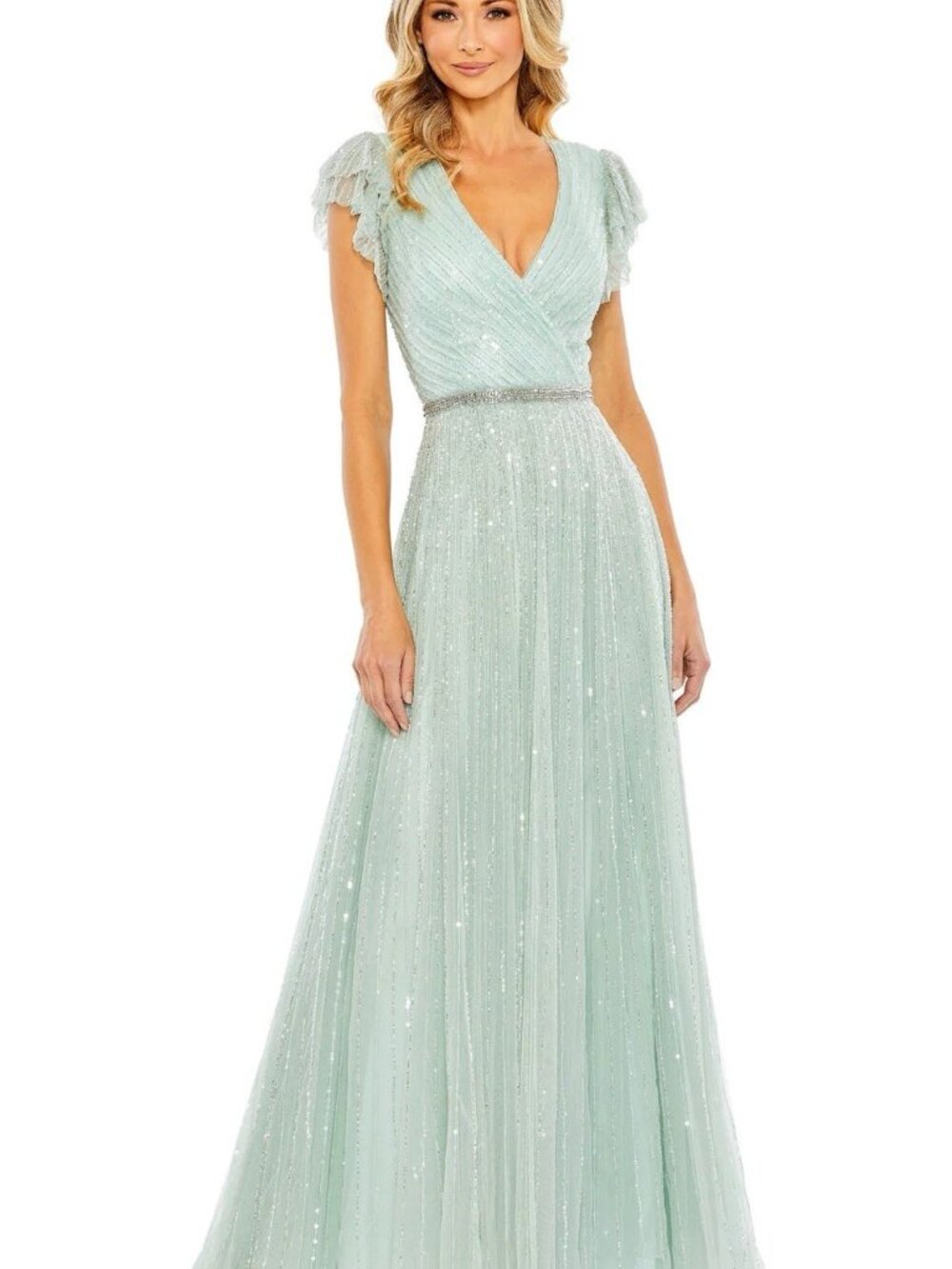 Mac Duggal Size 16 Green Sequin Beaded V-Neck Ruffle Cap Sleeve Maxi Ball Gown B - Picture 5 of 13
